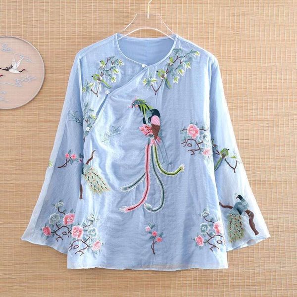 

retro style regular shirt ancient chinese clothing summer phoenix heavy industry embroidery loose slimming for, White