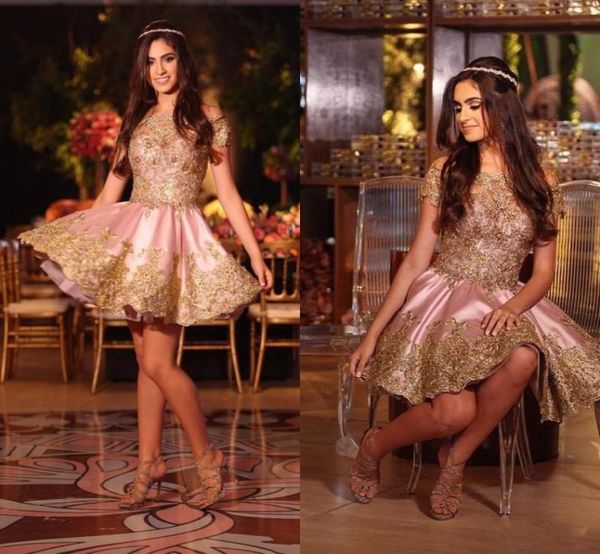 

amazing gold lace short cocktail prom dresses off the shoulder with sleeves applique satin a line homecoming formal evening party 9513725, Black