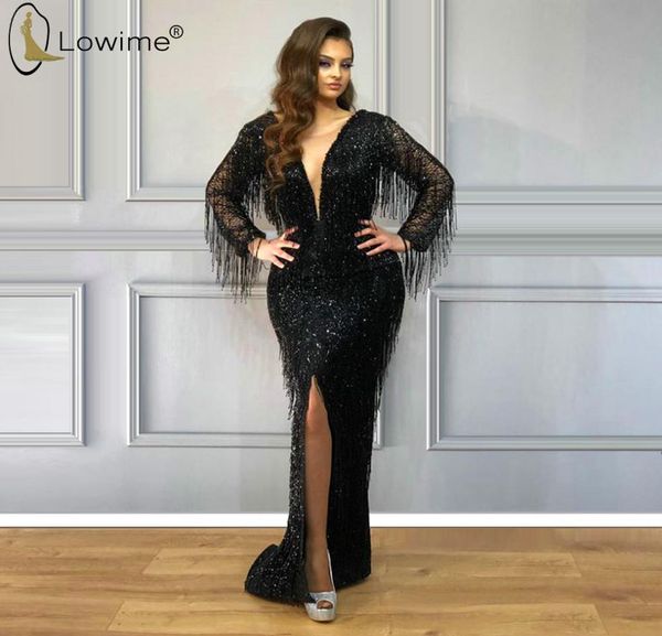 

dubai black evening dresses 2020 mermaid illusion deep v neck sequins formal arabic robe de soiree prom gowns5704268, Black;red