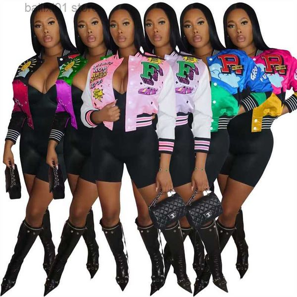 

women's jackets women fashion printed baseball jackets color patchwork long sleeve single breasted short varsity coats casual streetwe, Black;brown