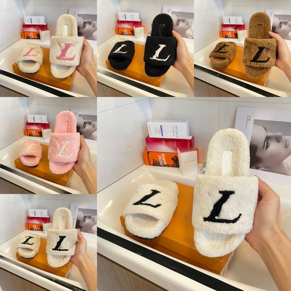 

designer brand women lambswool slipper old flowers l print fur woolen plush slides lambskin sandals flat heel slippers home loafers designer, Black