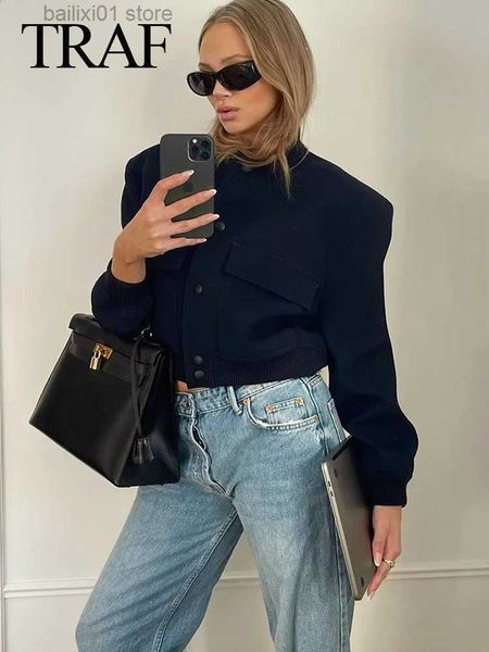 

women's jackets traf female solid short street pocket coat ashion single breasted cropped outerwear 2023 spring women casual bomber jac, Black;brown
