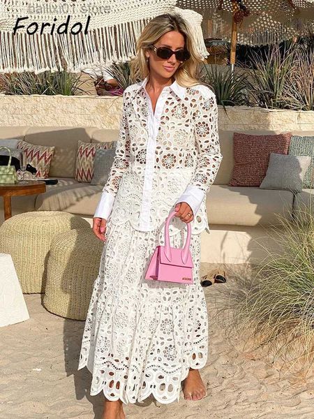 

two piece dress spring women summer white lace dress set hollow out embroidery shirt skirt 2 pcs robe outfits single breasting cotton maxi d