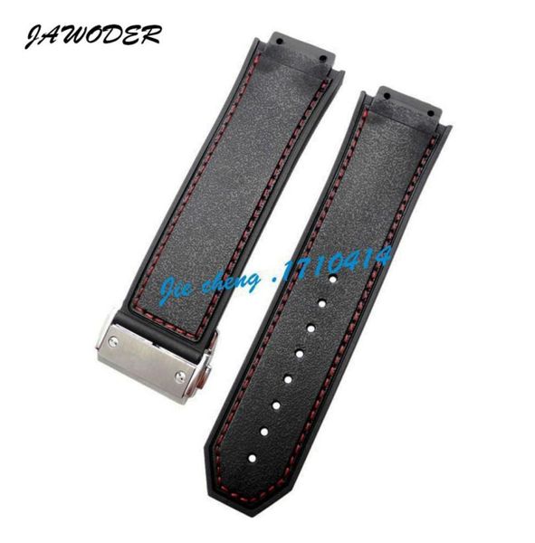

jawoder watchband men 26mm x 18mm red stitched black silicone rubber watch band strap deployment buckle for hub big b8277624, Black;brown