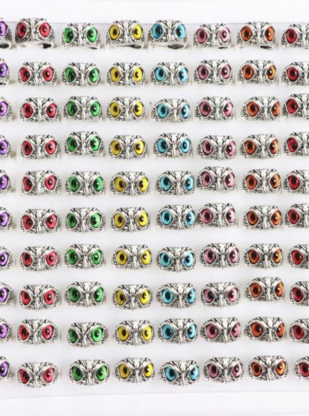 

punk vintage colorful owl eye adjustable open rings jewelry for women men mix style color party gifts whole 36pcslot9094050, Golden;silver