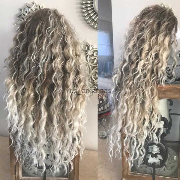 

synthetic wigs women's long curly hair synthetic wig glueless brown roots ombre blonde curly wavy hair deep wave wig new in party wig p, Black