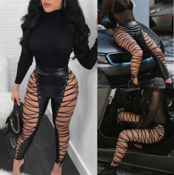 

2018 new womens black leather lace up skinny pencil pants summer clubwear high waist hollow bandage stretch slim trousers8072066, Black;white