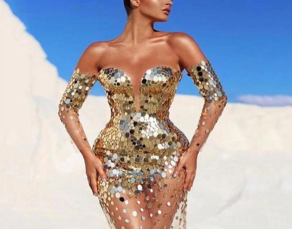 

dresses trasparent 2021 summer women maxi party dress long sleeve mesh off shoulder gold sequin long night dress7397402, Black;gray