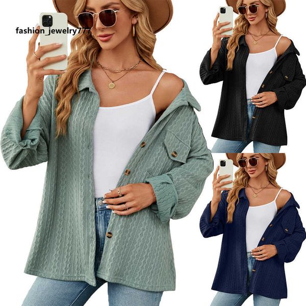 

women's t-shirt 2023 autumn/winter new solid polo pocket button long sleeve loose coat women, White