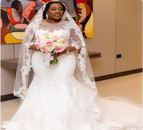 

2021 africa plus size mermaid wedding dresses jewel 34 long sleeve sweep train illusion bodice appliques beaded chapel country br8621212, White