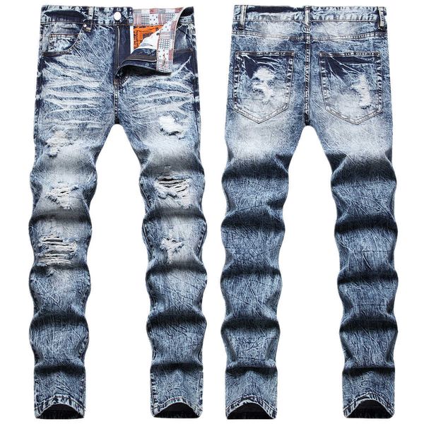 

men's jeans autumn and winter high end fashion brand perforated for korean edition light color trend elastic feet large fit pants, Blue