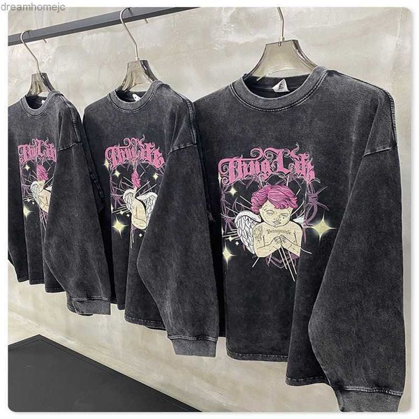 

23 new angel letters pattern printing fashion long sleeves washed vintage oversized sweatshirts clothing, Black