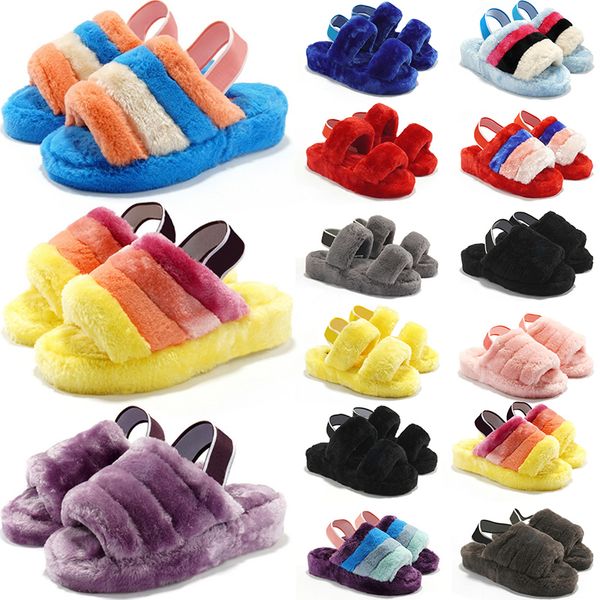 

luxury lamb slippers designer shoes plush autumn winter flat bottom sandal solid color fur fluffy slippers women leisure home sandals, Black