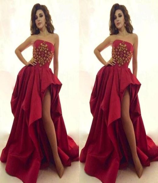 

myriam fares pageant evening dresses strapless beads appliques split side red carpet dresses party evening plus size formal prom g3167084, Black;red