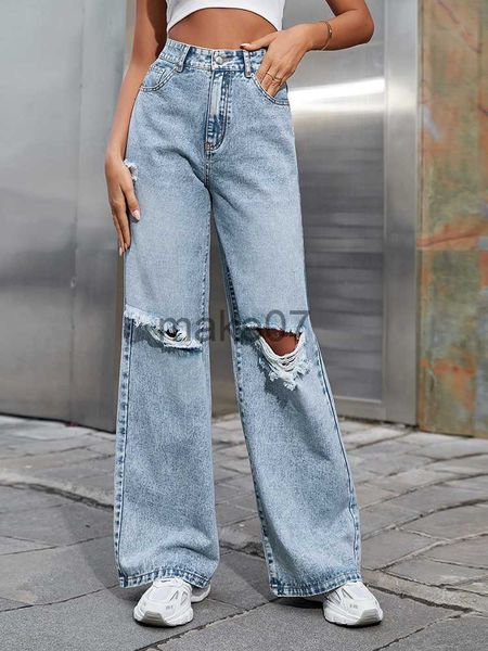 

women's jeans 2023 fall high waist straight women's ripped jeans women new blue denim trousers fashion streetwear wide leg baggy p