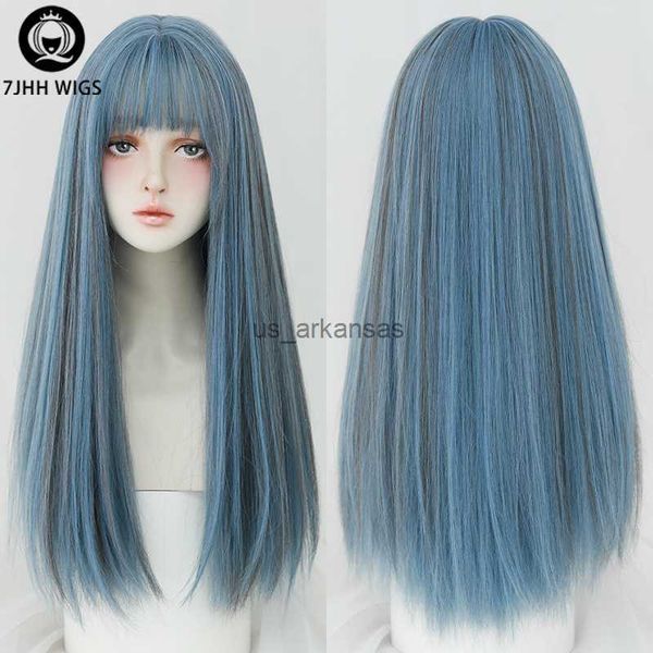 

synthetic wigs 7jhh wigs long straight wigs with bang for women omber blue synthetic crochet hair african american favorite female full wig, Black