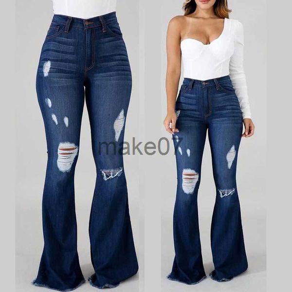 

women's jeans ladies elastic ripped jeans women high waist flared denim trousers european trendy high street streetwear blue jeans deni