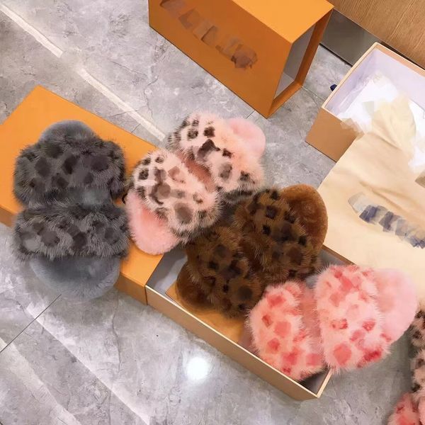 

2023 luxury mink fur women slippers soft flat mules monograms sandals double strap platforms dad loafer slip-on shearling wool slides flip f, Black
