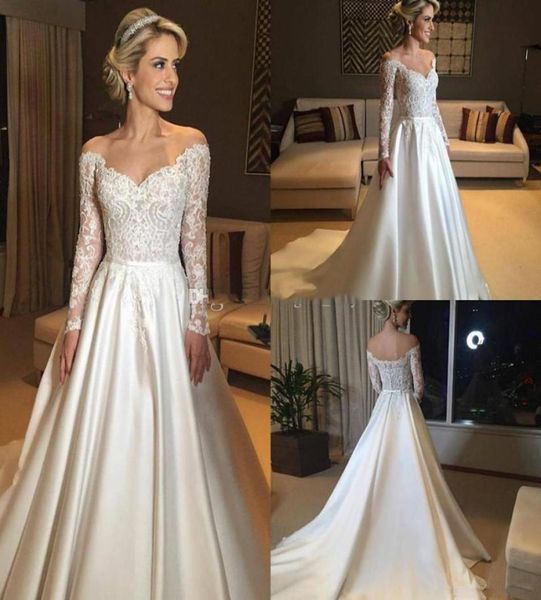 

2019 a line lace and satin wedding dresses of the shoulder long sleeve ribbon floor length bridal wedding dresses button back 9409597, White
