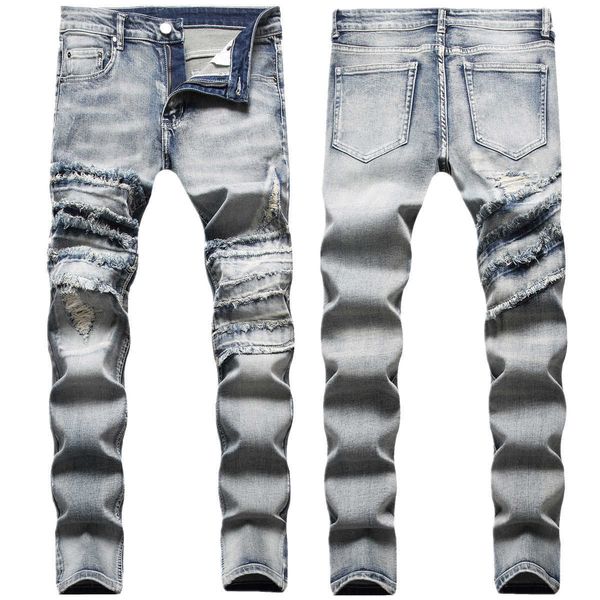 

men's jeans autumn new style wind cut splice folded burr edge full sweep craft slim fit heavy wash, Blue