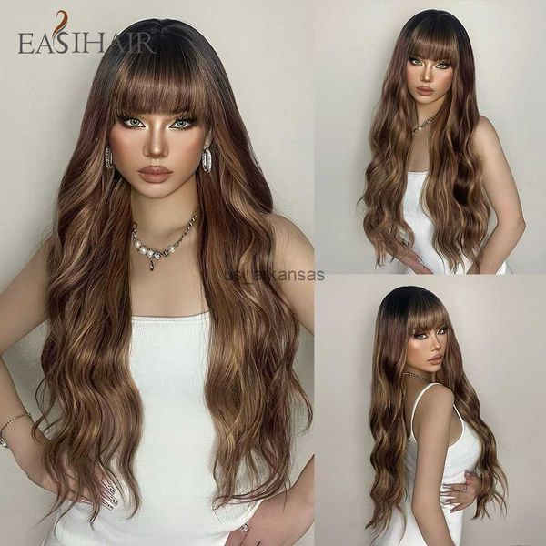 

synthetic wigs easihair long wavy brown synthetic wigs with highlights natural wig for women with bangs cosplay hair heat resistant fake hai, Black
