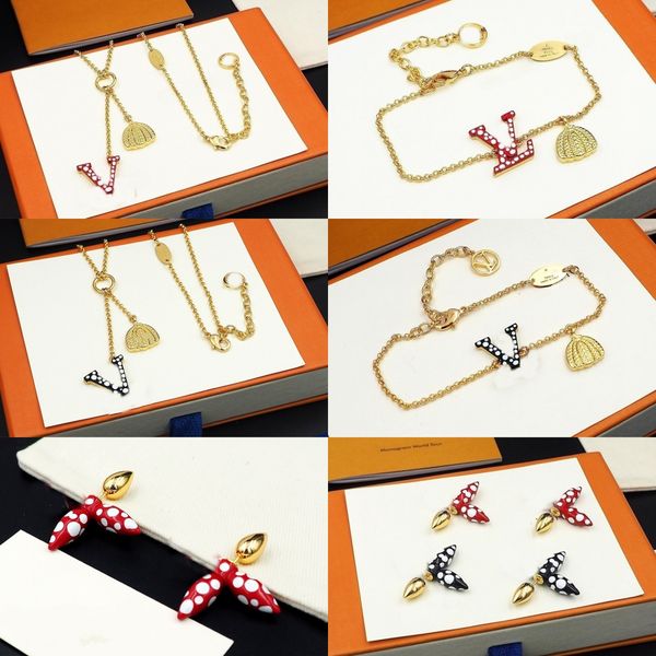 

wave point pumpkin pendant necklace fashion women designer gold necklace stainless steel bracelet engraved letter stud earrings set holiday, Black