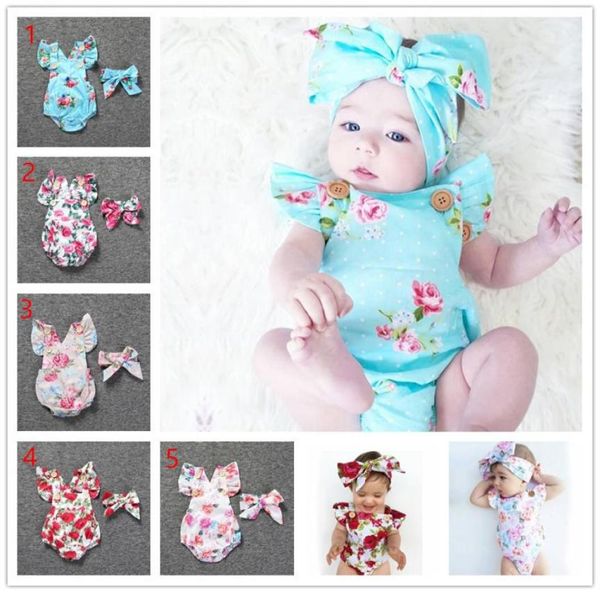 

2020 newborn baby romper girls summer floral rompers headhand 2pcs set baby girls infants flower jumpsuit clothes outfits 024m1516571, Blue