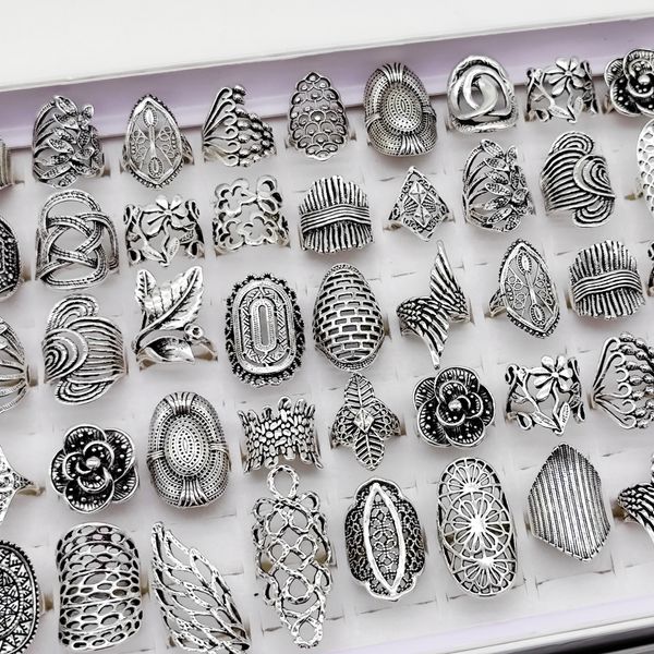 

wholesale flower mix bohemian fashion jewelry bulk woman and man trendy vintage punk antique finger ring for party original gift, Slivery;golden