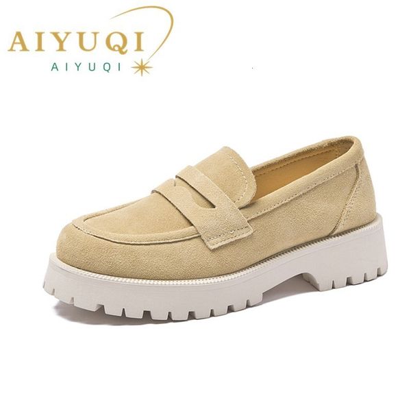 

dress shoes aiyuqi women loafers shoes suede genuine leather british style women's spring shoes thick bottom large size ladies shoes 23, Black