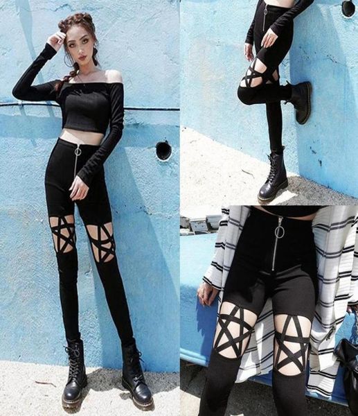 

women039s leggings women high waist pants hollow out pentagram pencil black pantalones mujer slim casual female stretch trouser6436335