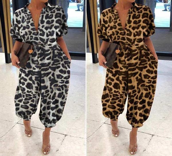 

30h women leopard print jumpsuits lapel slim bodysuit long button rompers oversized short sleeve dro women039s tshirt1907024, White