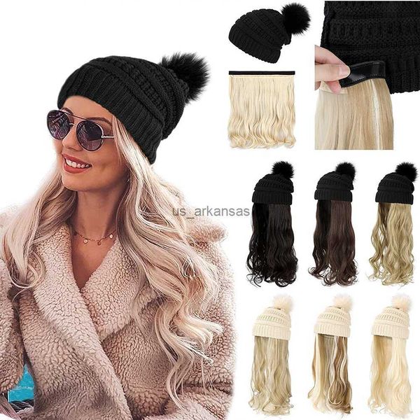 

synthetic wigs shangzi hat wig synthetic long wavy wigs with beret hat knitted fashion black autumn winter cap hair wig hair 2022 hkd230818