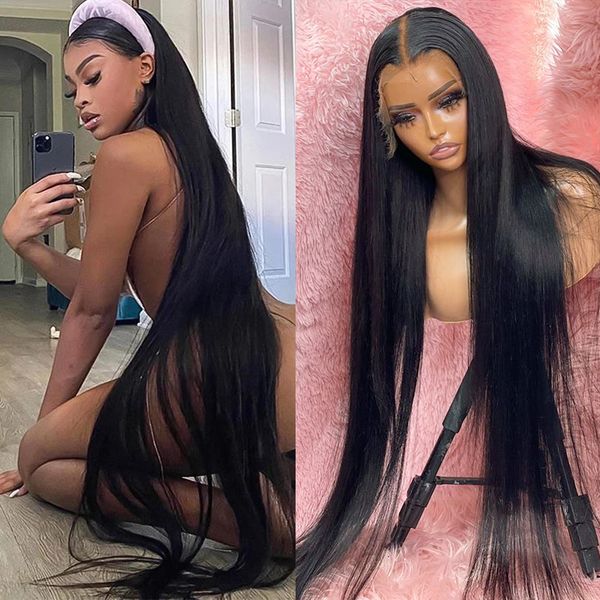 

30 40 Inch Peruvian hair Bone Straight Lace Front Human Hair Wigs 220%density 13x6 Lace Frontal Wigs for Women, Black