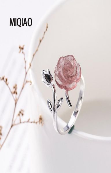 

miqiao rose flower ring for women jewellery 925 sterling silver adjustable natural stone strawberry crystal female fashion1095575, Golden;silver