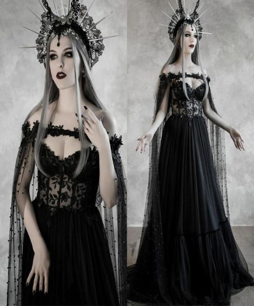 

dark fairytale gothic black wedding dress with cupped corset bodice fantasy a line bridal gowns medieval vampire halloween wedding4979347, White