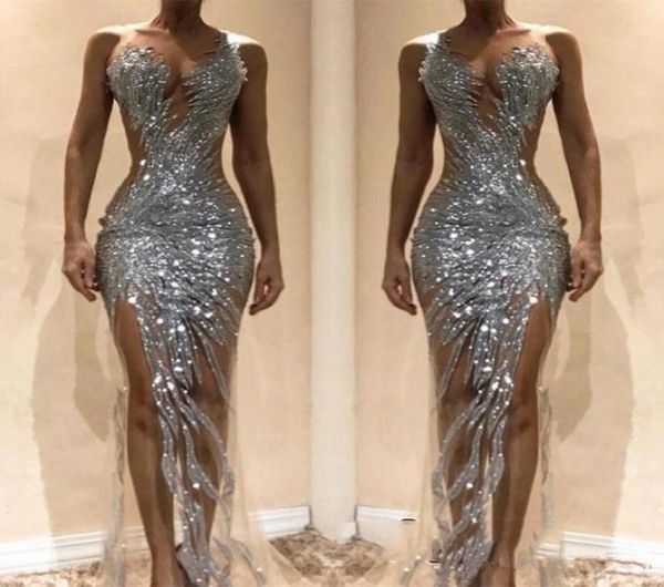 

2019 nigerian silver sequins beaded mermaid formal prom dresses custom made sleeveless sheer neck side split pageant party go3961525, White;red