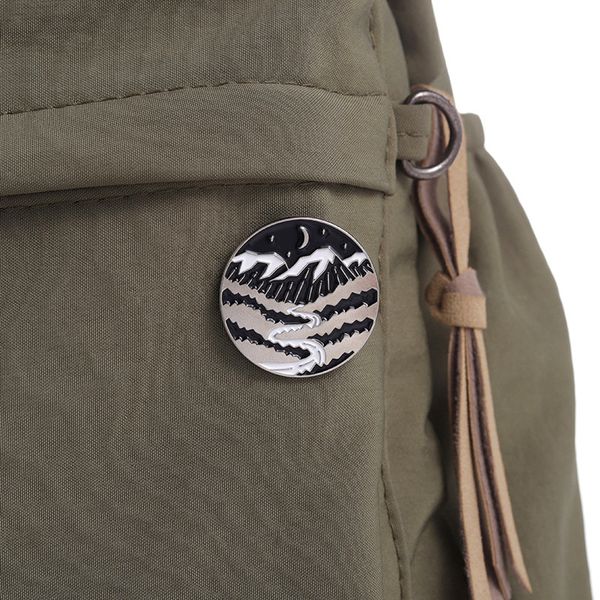 

outdoor scenery series clothes brooch round sea wave mountain river lapel pins sun moon hydrogen balloon alloy badge for women shirt backpac, Gray