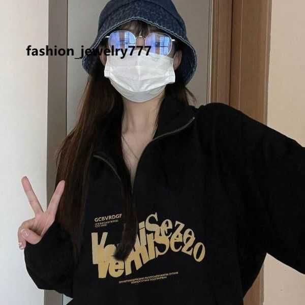 

women's hoodies sweatshirts american polo collar sweater for women in spring and autumn 2023 oversize black niche china-chic half zip t