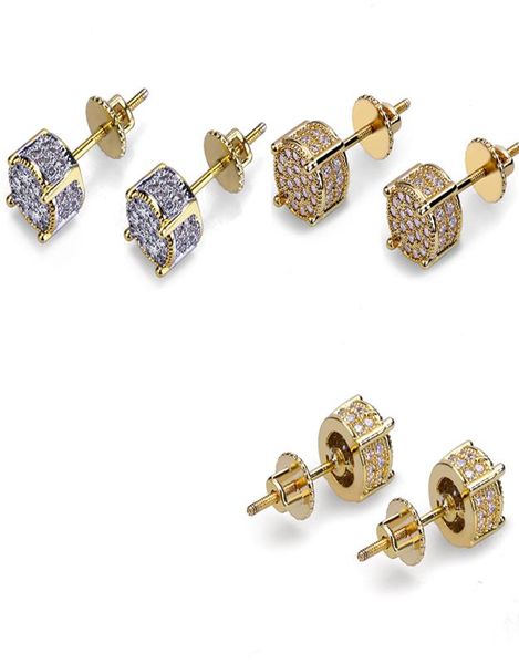 

new fashionv18k real gold hip hop cz zirconia round stud earrings 07cm for men full diamond earring studs rapper jewelry gifts fo2250622, Golden;silver