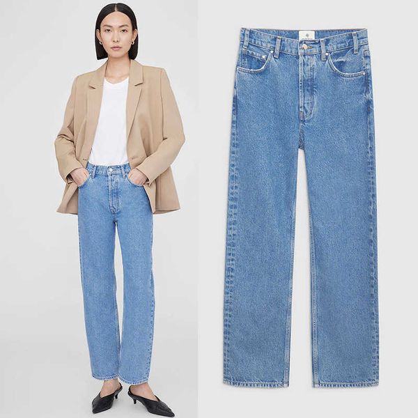

anines bings fashion designer casual mid waist stir straight barrel denim jeans women high stretch classic loose pants 23ss spring, Blue