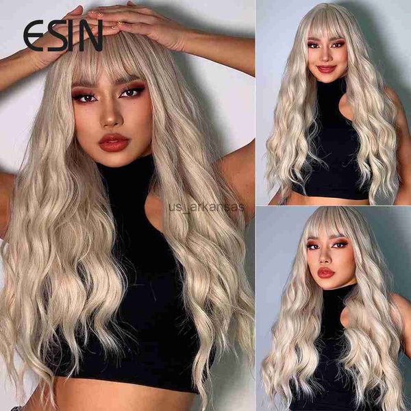 

synthetic wigs esin synthetic light blonde ombre to platinum long body wave hair wigs with bangs for women cosplay natural heat resistant hk, Black