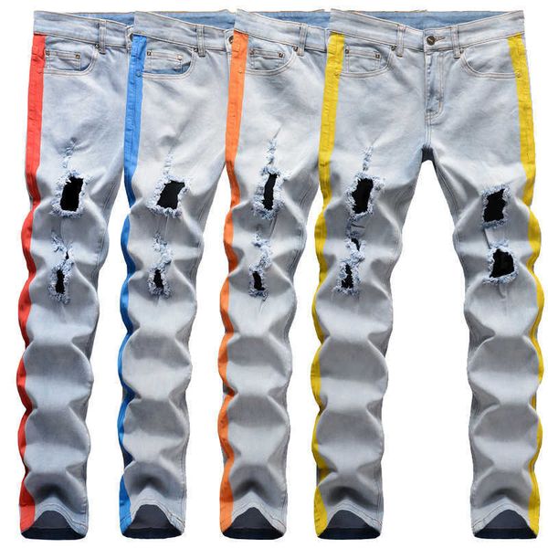

men's jeans high street light blue elastic slim fit perforated pants fully sprayed with hand painted stripes and trimmed edges fashion