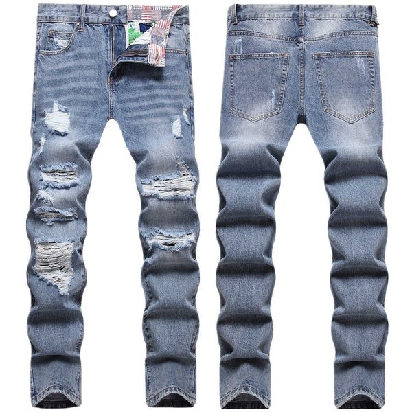 

men's jeans distressed trend personalized slim fit small foot large, Blue