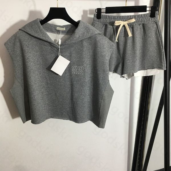 

women tracksuit sleeveless vest shorts casual wide leg shorts letter embroidery high waisted sweatpants blouse sports set, Gray