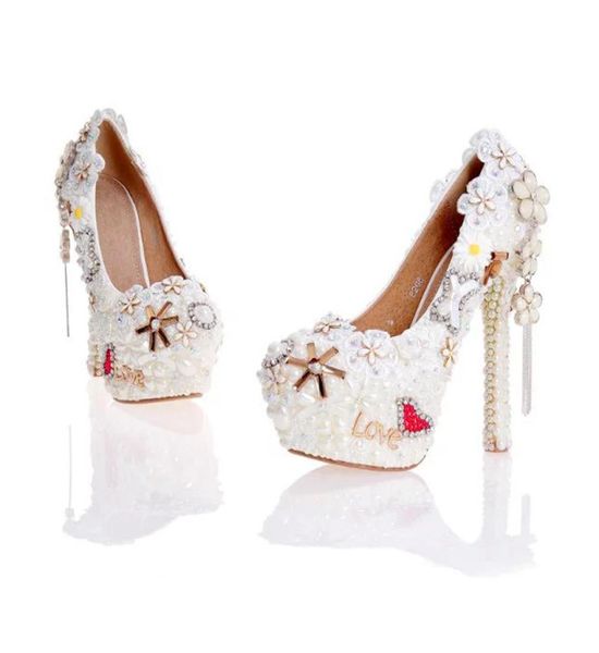 

pearl wedding dress shoes in white clor gorgeous design flower tassel rhinestone bridal shoes love style party prom pumps8772984, Black