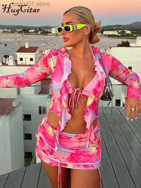 

two piece dress hugcitar tie dye print women 2 piece set lace up ruffle long sleeve crop ruched mini skirt suit matching outfit y2k vacation, White