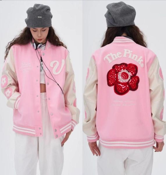 

stand collar coats embroidered leather sleeve patchwork baseball jacket4064377, Black;brown