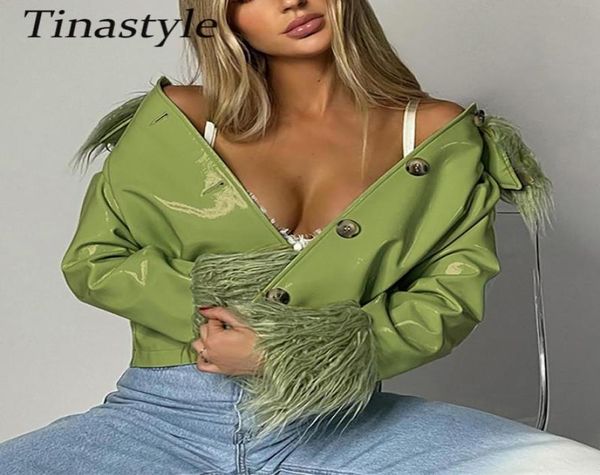 

women039s jackets tinastyle feather patchwork pu leather for women 2022 buttons short y2k winter clothes casual outerwear1452250, Black;brown