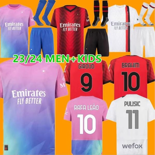 

giroud 23 24 ac milans ibrahimovic soccer jerseys tomori pulisic rafa leao tonali theo r.leao romagnoli brahim fourth kit 2023 2024 football, Black;yellow