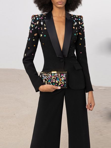 

womens two piece pants high street est designer runway fashion suit set slim fitting strass diamonds beaded blazer 230817, White